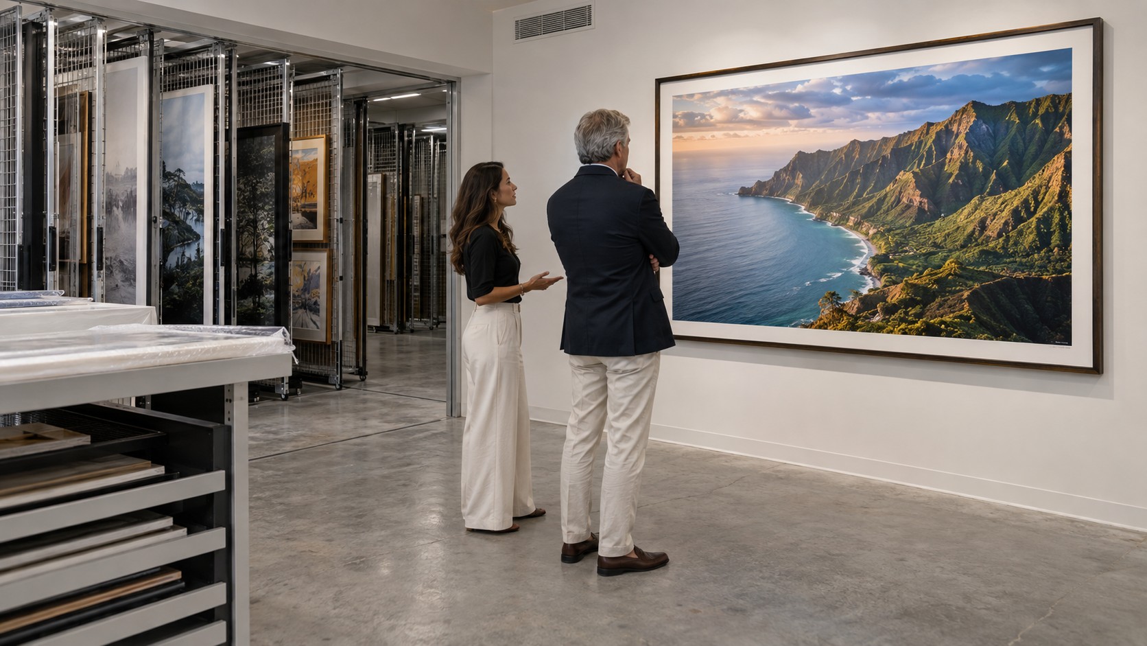 Illustrative private viewing of framed landscape photography